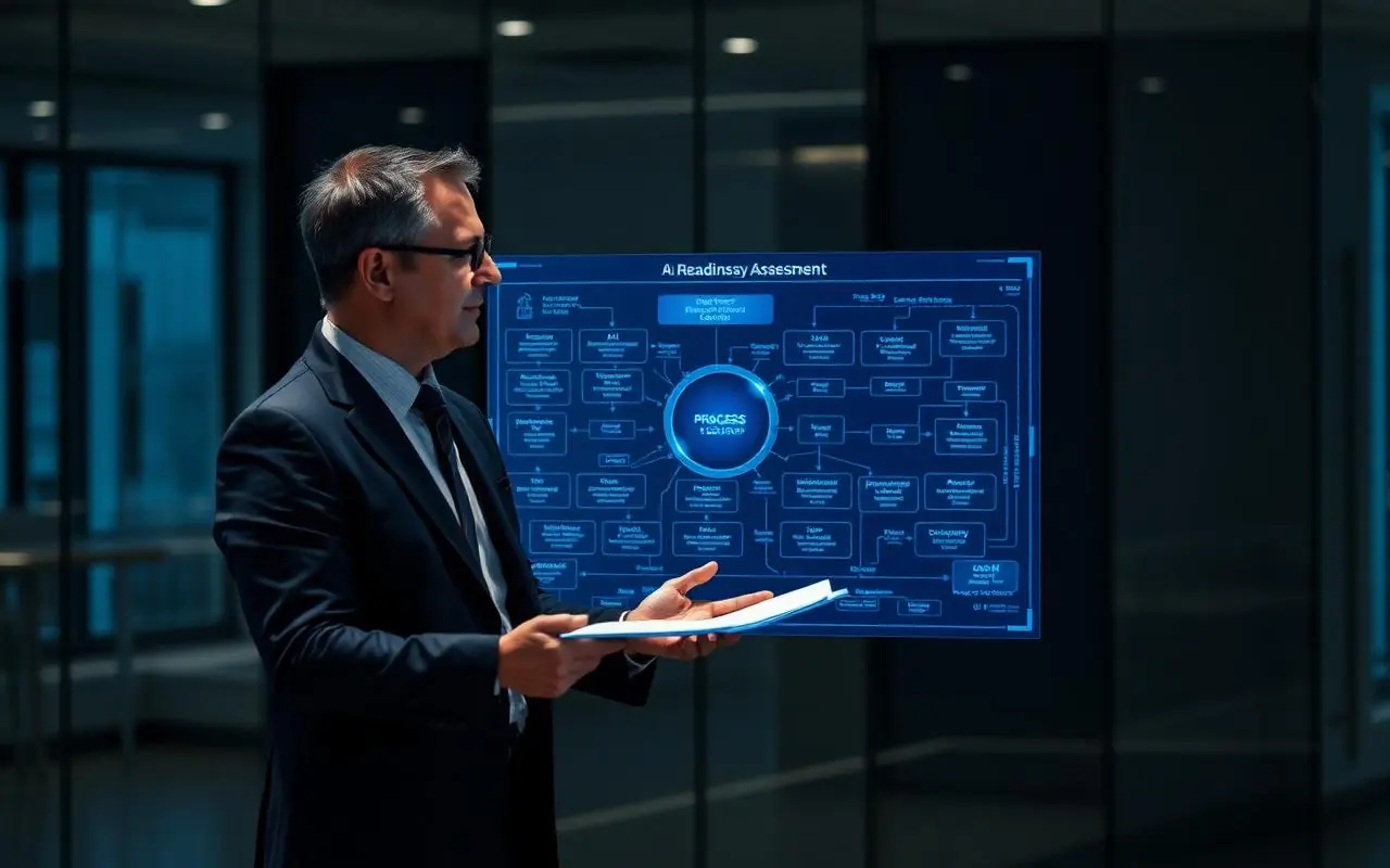 Consultant presenting an AI readiness assessment process map to business leaders